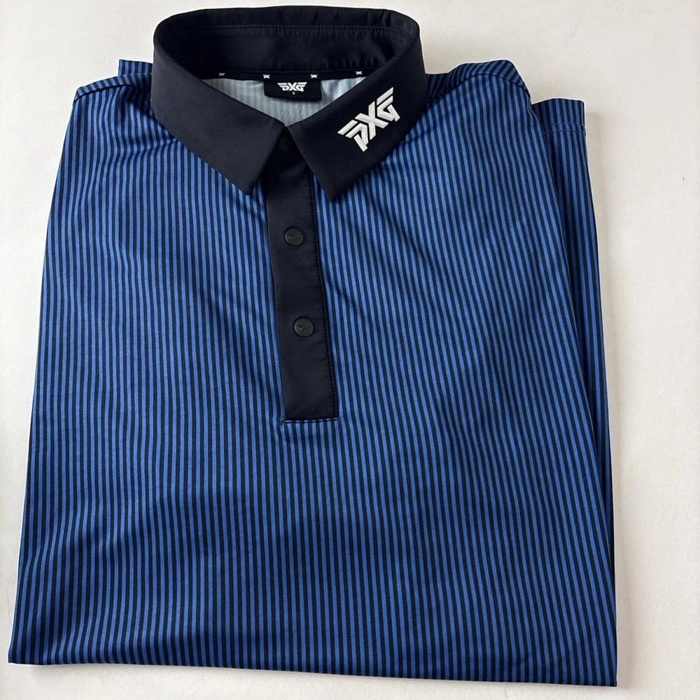 PXG Mens Small Blue/Black Performance Stretch Polo Shirt striped short sleeve - Picture 11 of 11